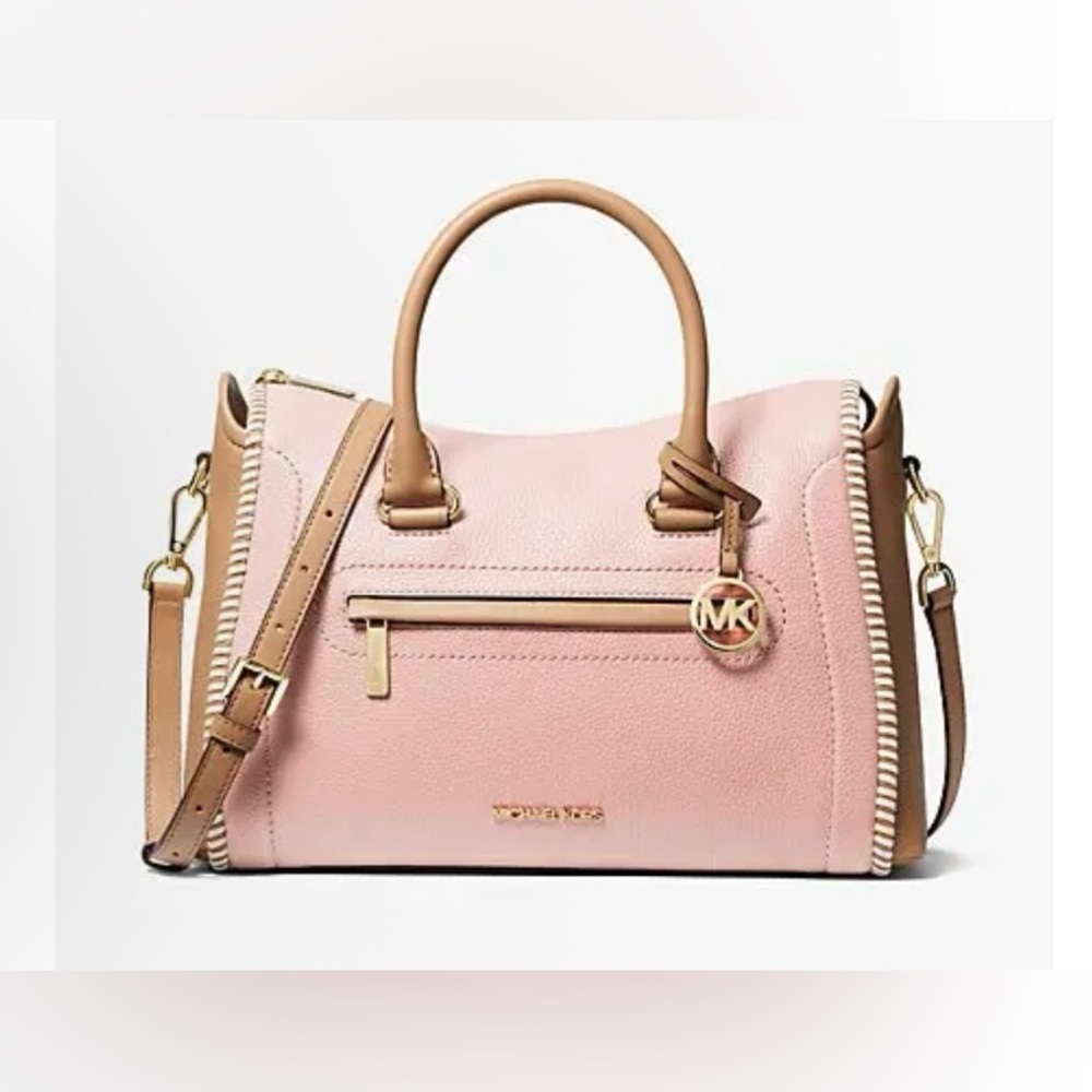 Michael Kors Carine Two Tone Pink Tan Women's Bag Leather Satchel Whip Stitch
